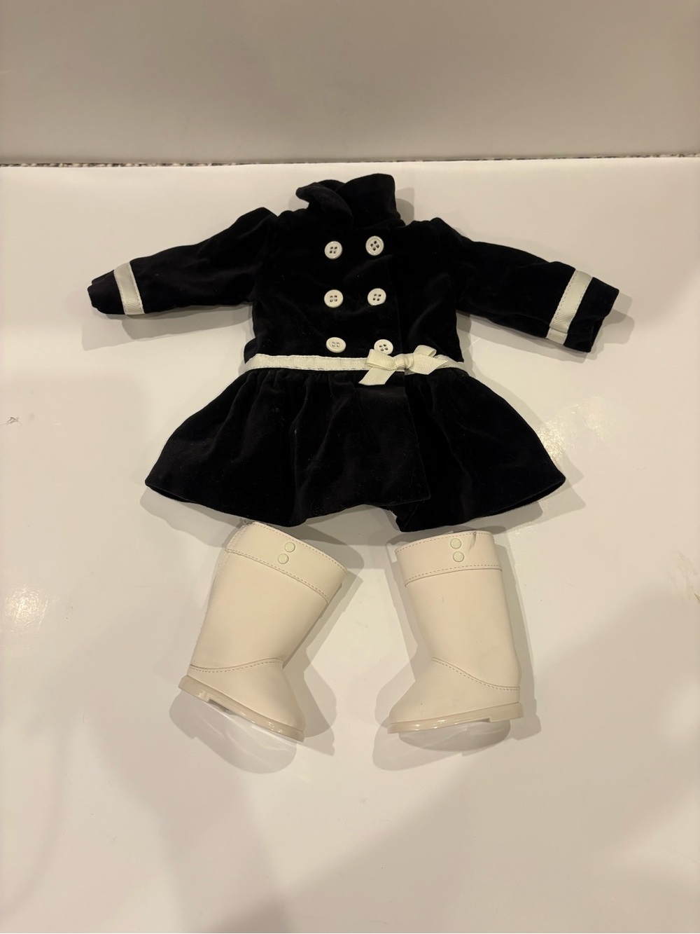 American Girl Doll Black Velveteen Coat with white boots